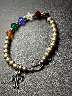 B6094 Sterling Silver Beaded Bracelet Crystal Cross Charm Toggle 7.25" 11.2g